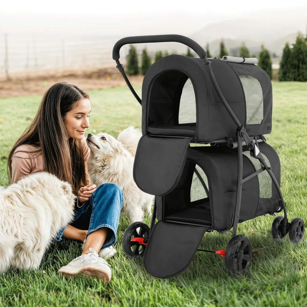 Double Dog Stroller with 2 Detachable Carrier Bags, 4-Wheel Folding Pet Travel Strolling Cart with Storage Pocket for S