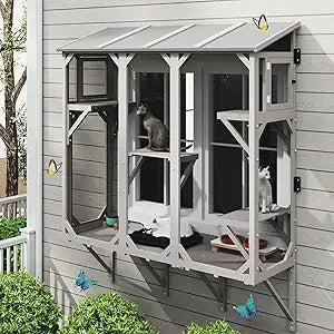 Expandable Window Cat Enclosure for Multiple Indoor Cats, Weather-Resistant Wooden Perch House for Small Pets