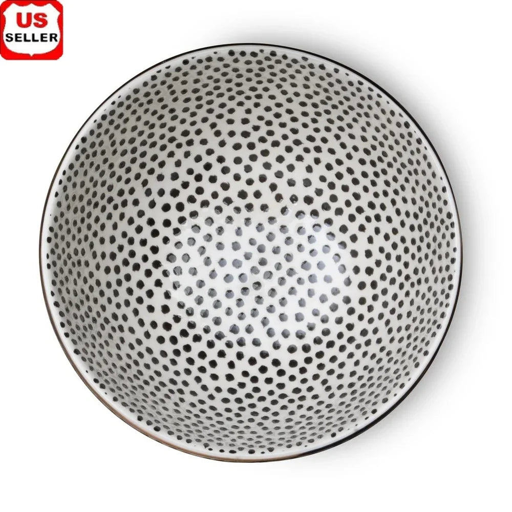 Durable Stoneware Pet Bowl – Black & White Dot Design – Ceramic Cat & Dog Feeding Dish – Microwave & Dishwasher Safe