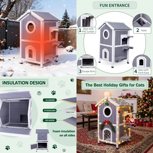 Two-Story Insulated Outdoor Heated Cat House for Winter, Shelter for Feral Cats with Thermal Layer and Removable Roof