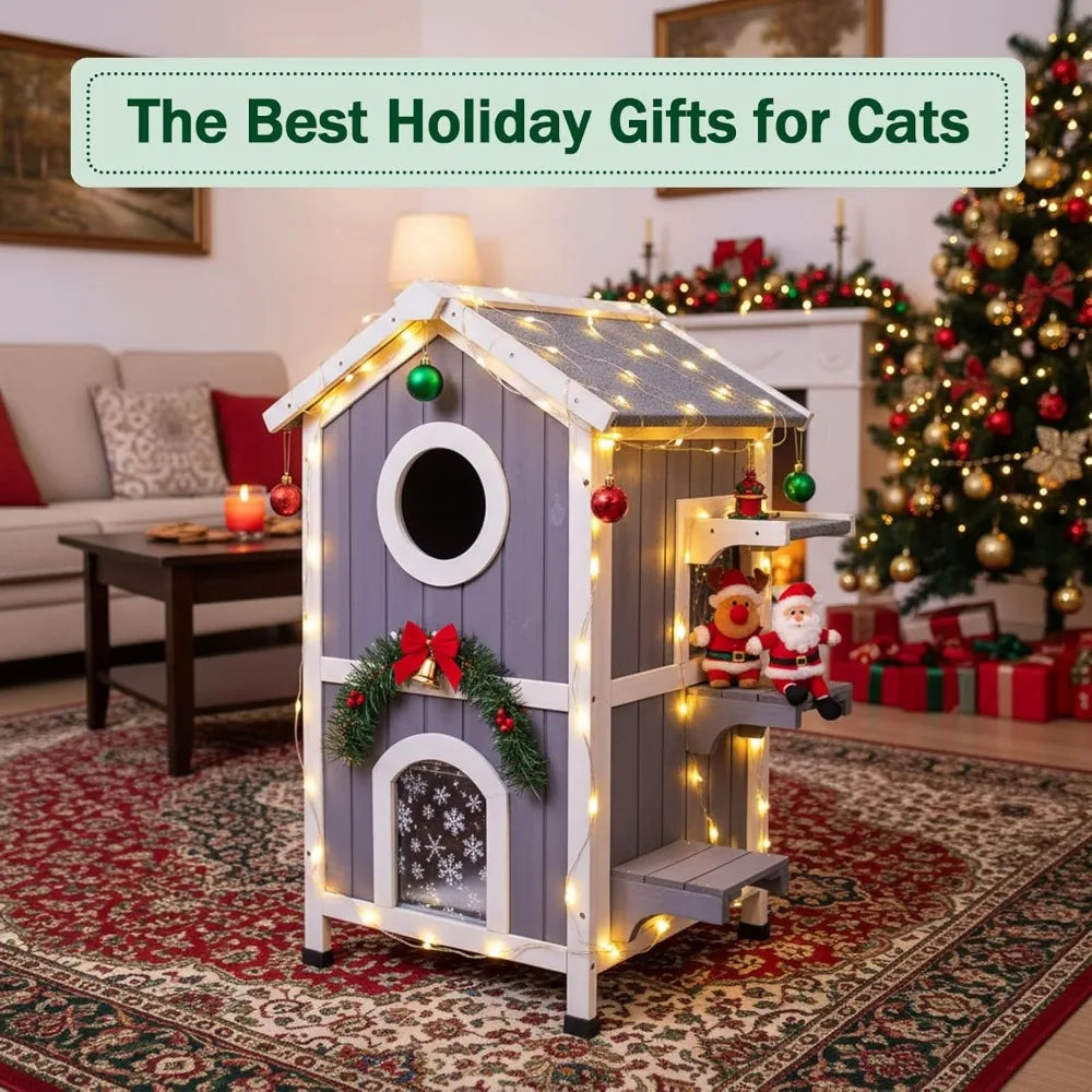 Two-Story Insulated Outdoor Heated Cat House for Winter, Shelter for Feral Cats with Thermal Layer and Removable Roof