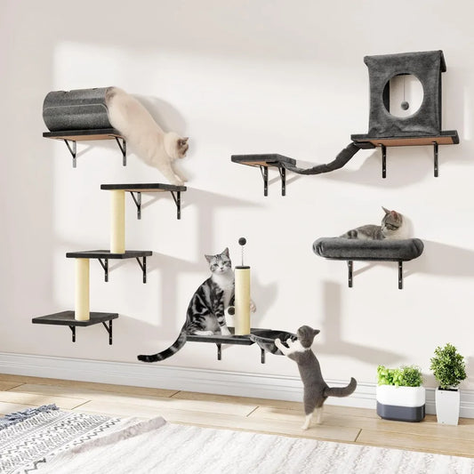 7-in-1 Wall Mounted Cat Climber Set, Cat Furniture Set with House, Bridge, Tree, Steps, Scratcher, DIY Playground, Shelves for