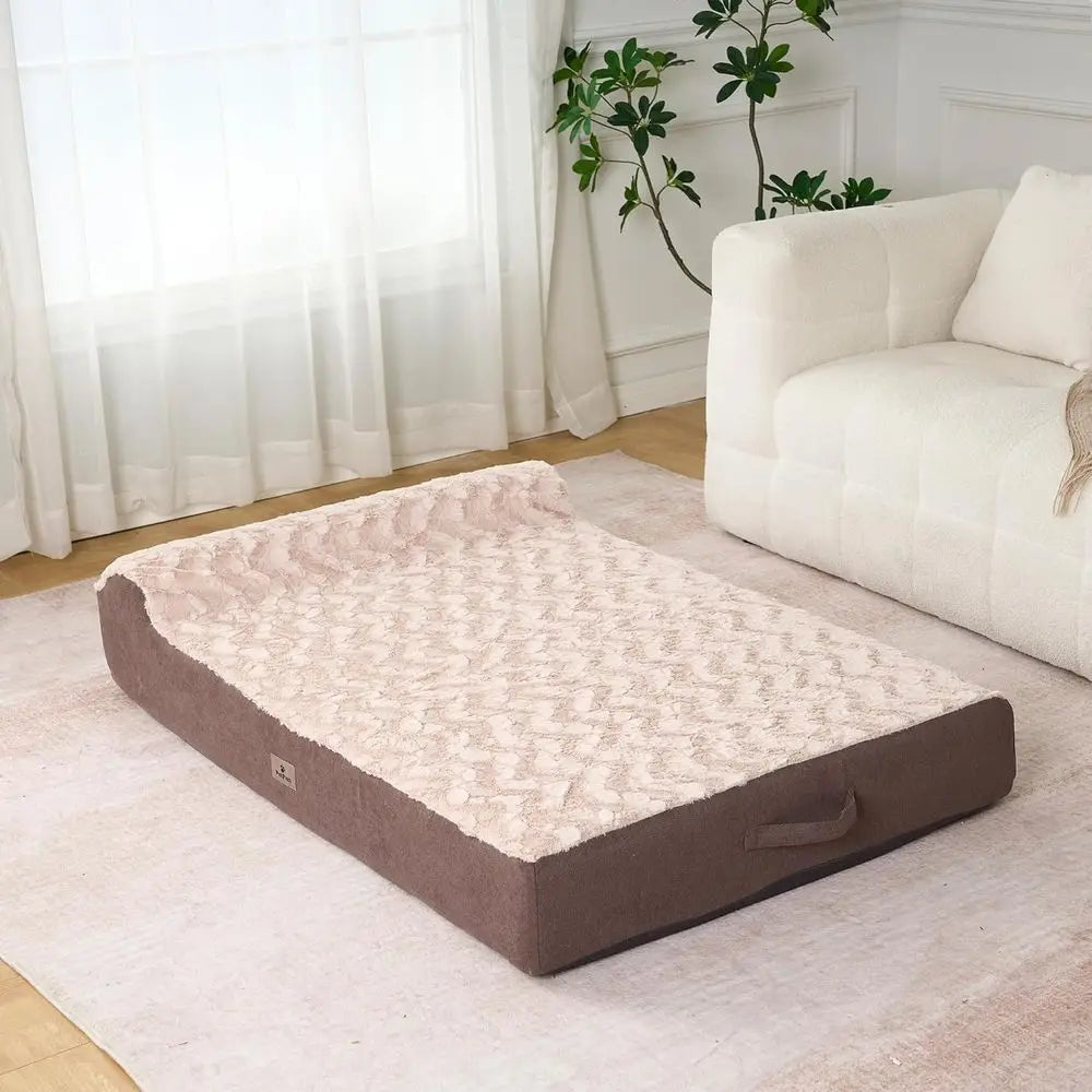 Large Dog Orthopedic Memory Foam Bed - 7 Thick, Removable Cover, Waterproof Liner, 50L x 34W x 10H, Khaki Plush