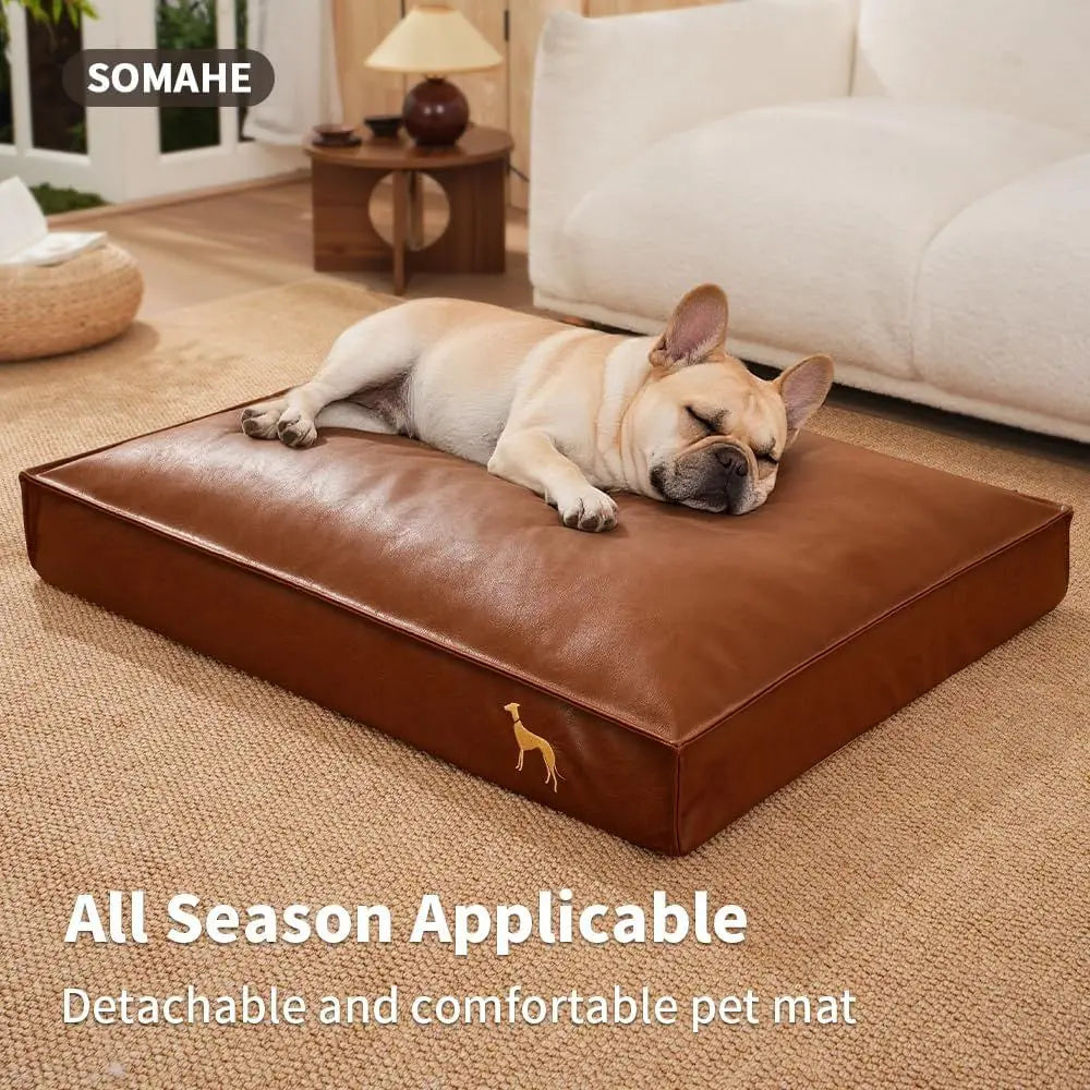 Orthopedic Dog Bed for Medium & Small Dogs - Removable, Washable PU Leather Cover, Waterproof, Brown, 27.5x19.6x4