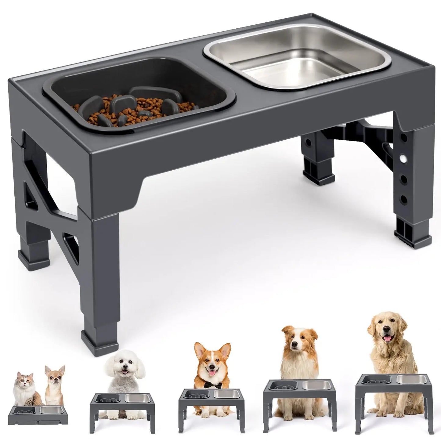 2-in-1 Elevated Slow Feeder Dog Bowls, Non-Slip Stainless Steel/Plastic/ Pet Food & Water Bowls with Foldable Stand