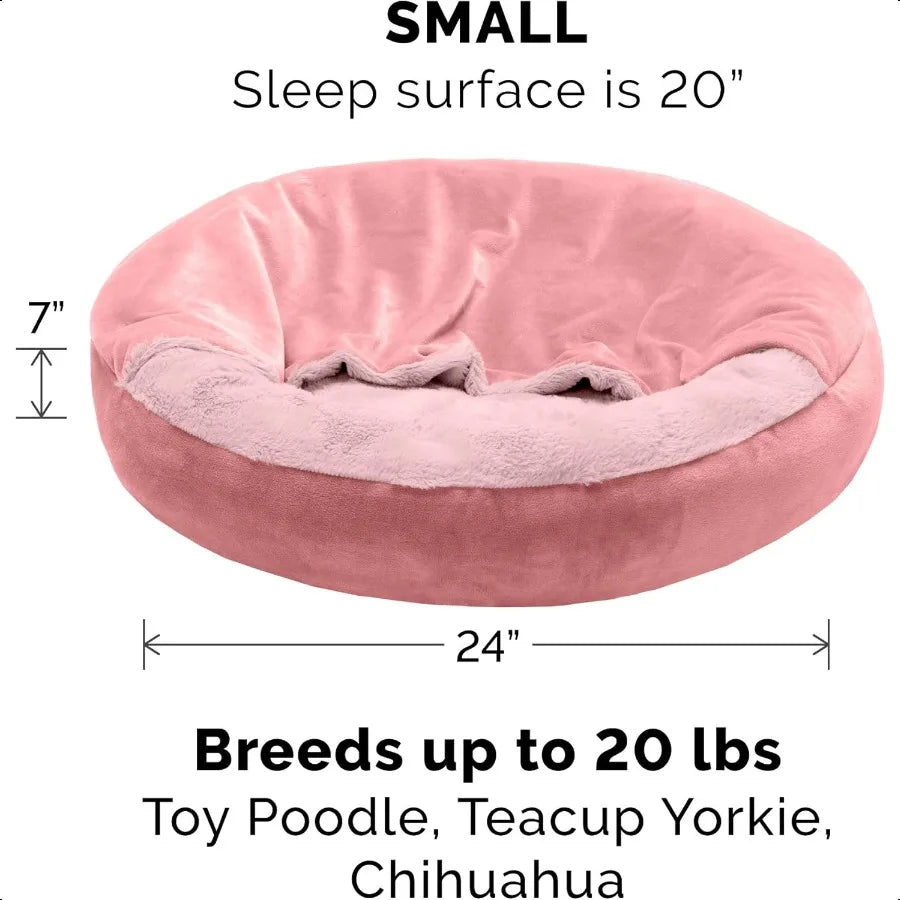 24 Round Calming Donut Dog Bed for Indoor Cats Small Dogs Washable For Dogs Up to 20 lbs Plush Veet Waves Hooded Donut Bed Rose