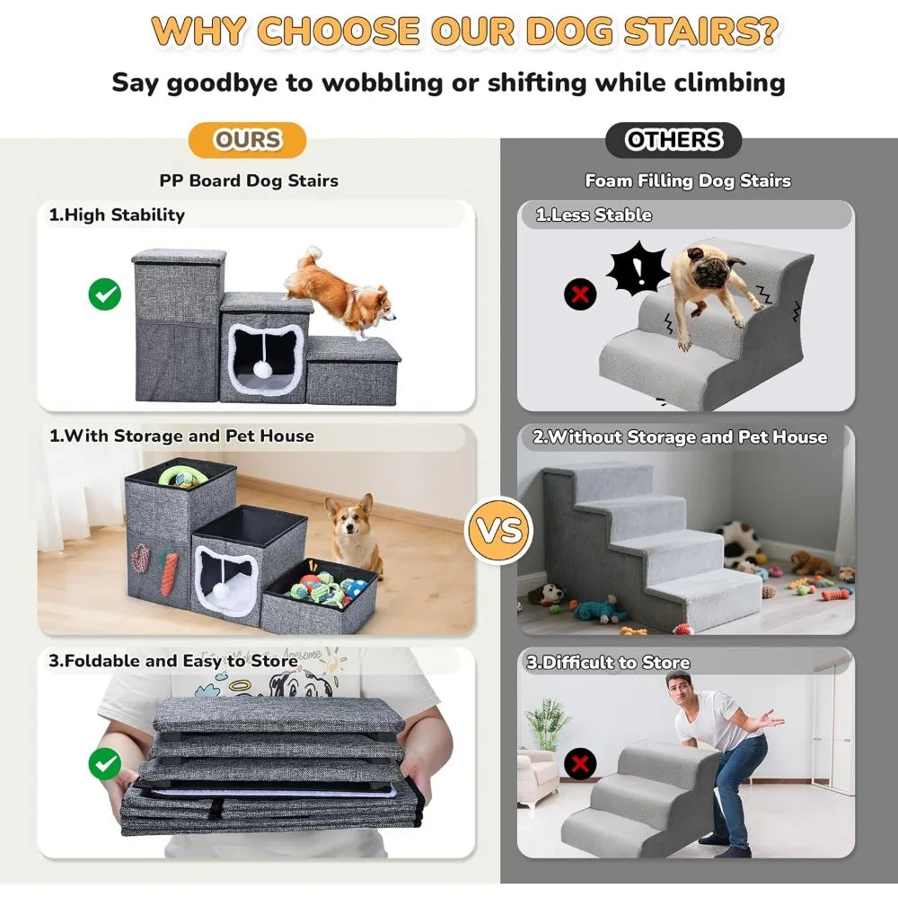 Bilibrara Dog Stairs for Small Dogs, Foldable Pet Steps for High Bed, Non-Slip 3-Step Cat Stairs with Storage, Condo and Fluffy