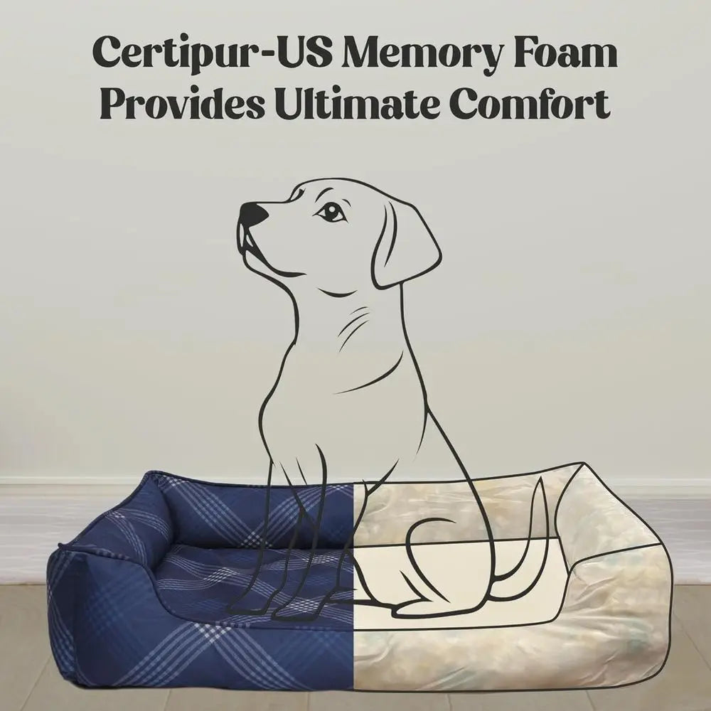 Medium Grey Plaid Orthopedic Bolster Dog Bed with CertiPUR-US Foam, Recycled Fabric, Washable Cover, and Anti-Slip Base