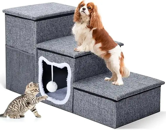 Bilibrara Dog Stairs for Small Dogs, Foldable Pet Steps for High Bed, Non-Slip 3-Step Cat Stairs with Storage, Condo and Fluffy