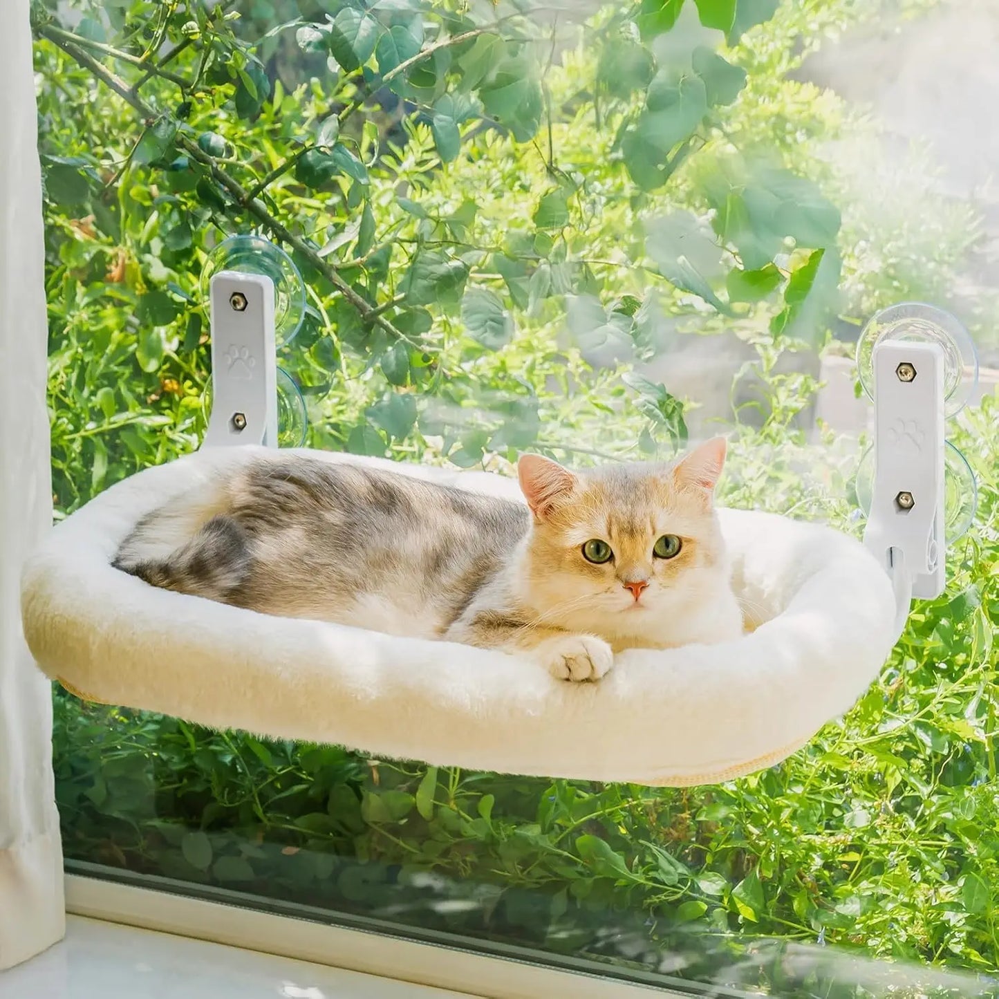 Mewoofun Foldable Cat Window Perch with 4 Strong Suction Cups Cordless Cat Window Hammock Removable Soft Cover White Brown Green