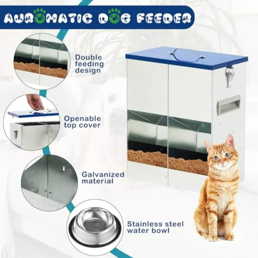 Automatic Feeder for 2 Cats Outdoor Galvanized 42cups 10l Double Feeder with 2 Stainless Steel Water Bowls for Small Pets Cats