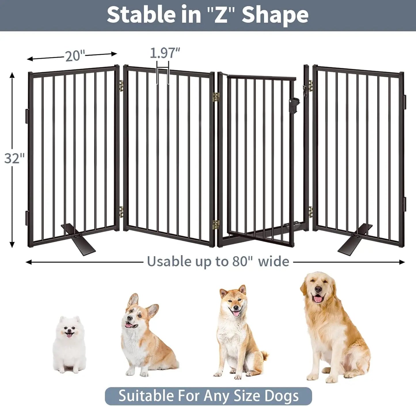 Metal Freestanding Dog Gates with Door for Outdoor Indoor,80'' Extra Wide 32'' Tall Free Standing Dog Gate for Doorways