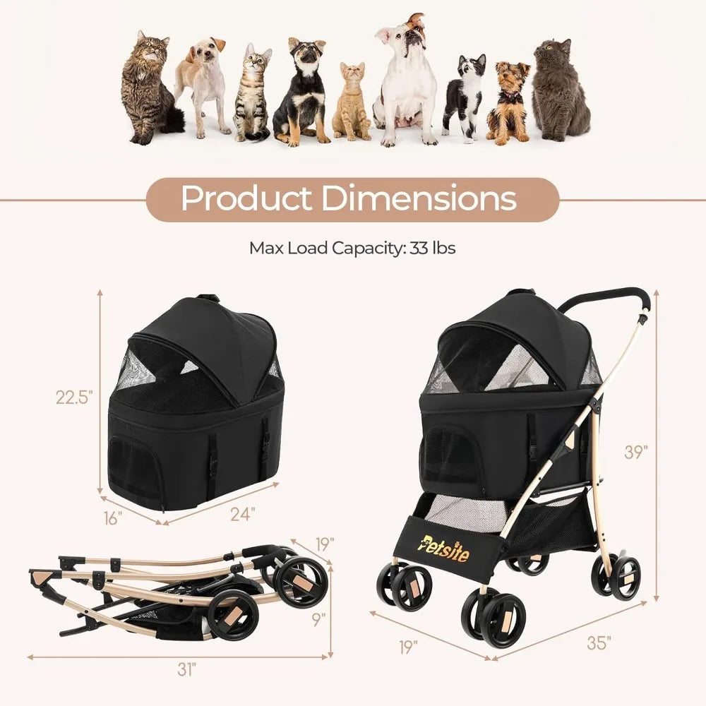 3-in-1 Pet Stroller, Portable Folding Dog Cat Stroller with Removable Car Seat Carrier, Adjustable Canopy, Zippered Mesh