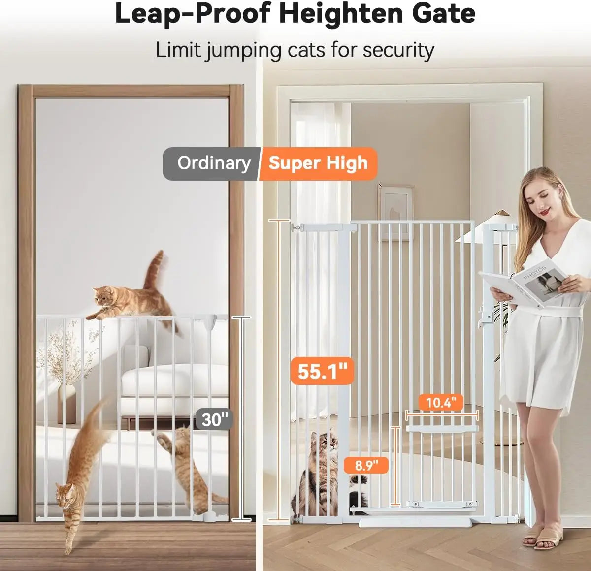 55.1" Extra Tall & Wide Pet Gate for Cats, 29.5-40.6" Adjustable with Door, Pressure Mounted Easy Walk Through Gate for Stairs