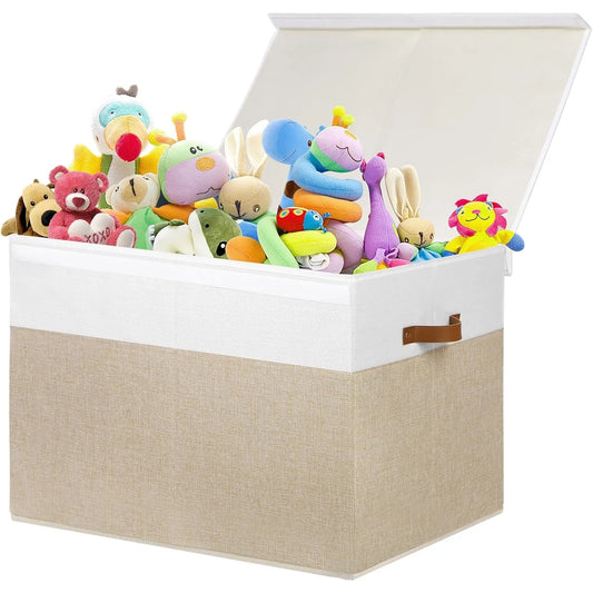 Pawfect Playtime Chest – Large Pet Toy Organizer Box with Lid, Sturdy Toys Storage Chest Bin Organizer Basket with Dividers, 26"x17" x17" (Beige and White)