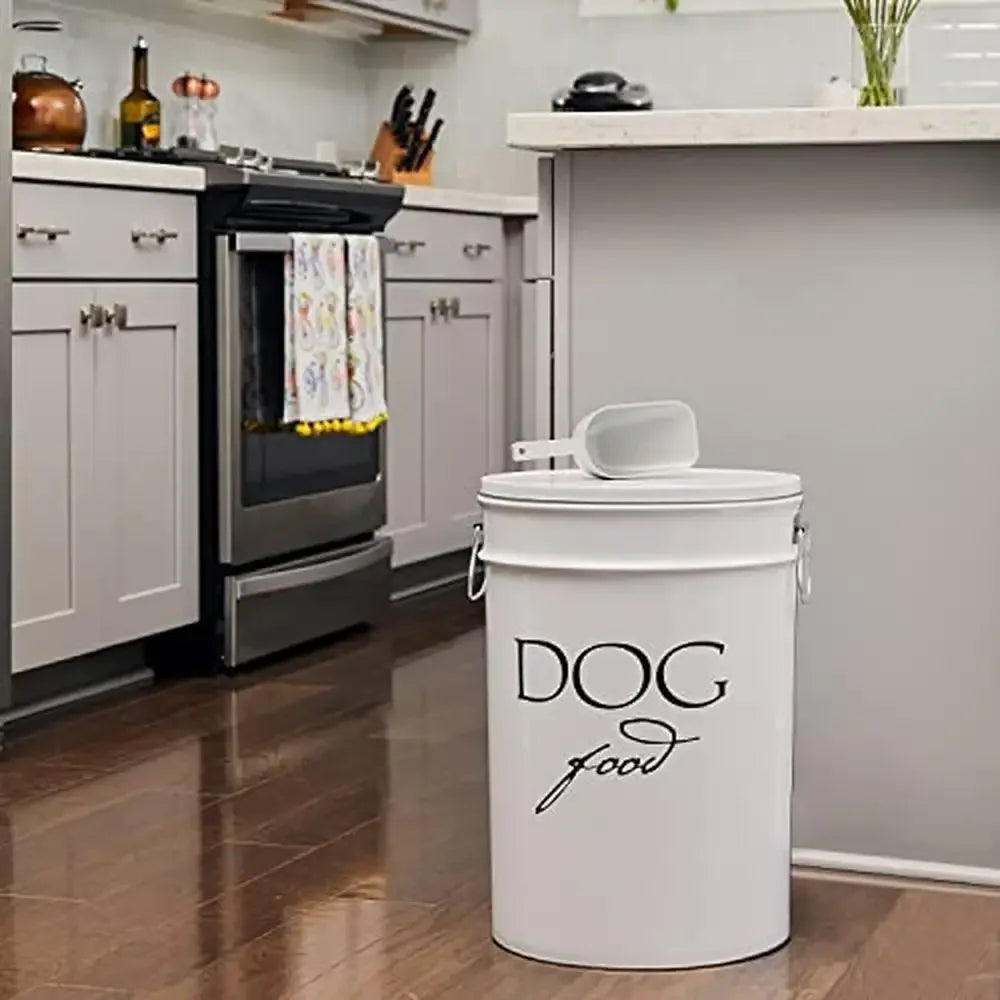 Large White Dog Food Canister 40 lbs Storage Airtight Lid Eco-Friendly Alloy Steel Lead-Free Clean Neat & Healthy Storage