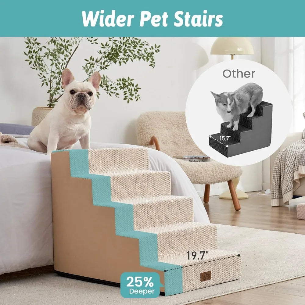 Dog Stairs for Small Dogs, 5 Tier Wider Pet Stairs for High Beds, 23.6" H Non-Slip Dog Steps for Old Cats, Puppies, Small Medium