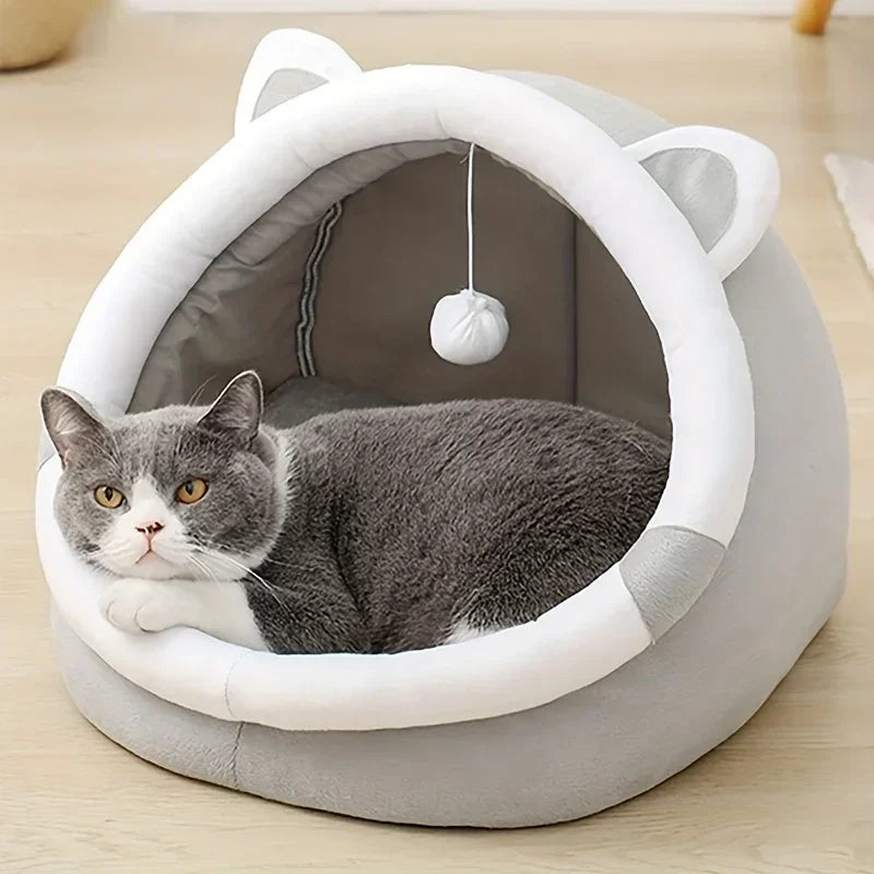1 Comfortable Cartoon Cat House with Removable Pad, Modern Style Pet Bed Cave, Indoor Plush House Bed with Pompom