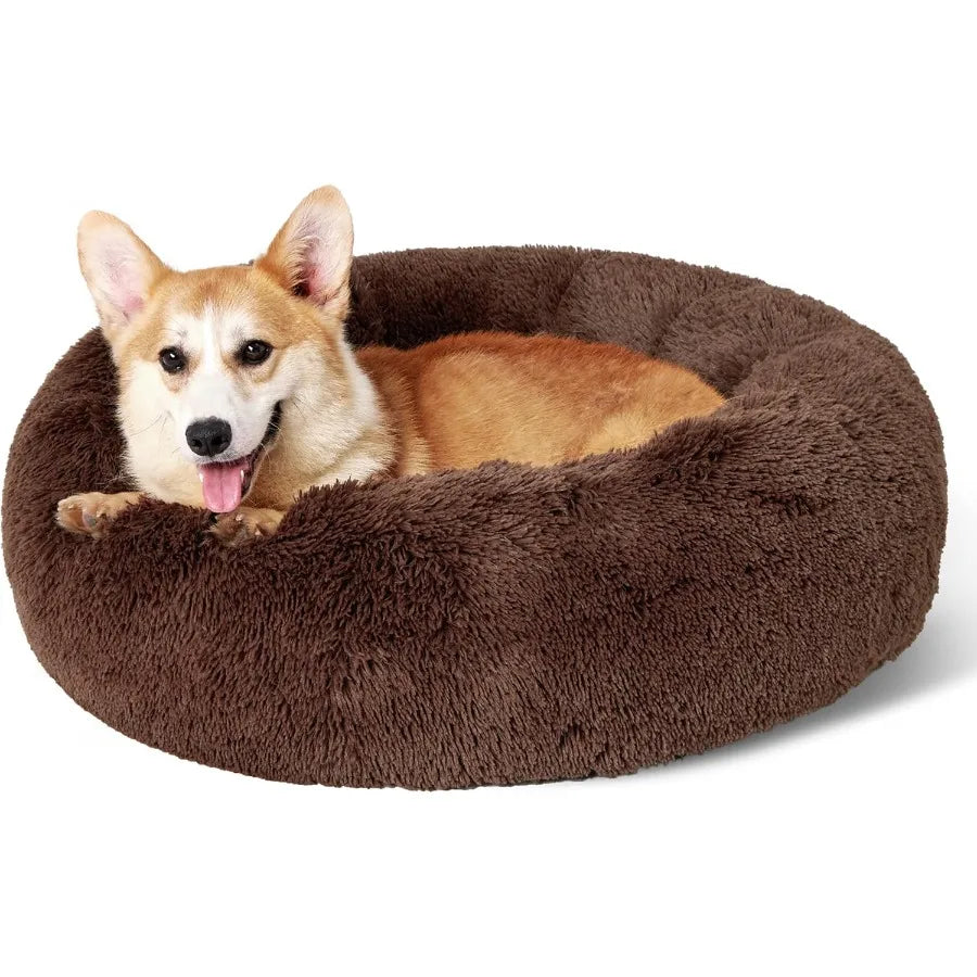 Calming Dog Bed for Medium Dogs - Donut Washable Medium Pet Bed 30 inches Anti-Slip Round Fluffy Plush Faux Fur Cat Bed Fits up