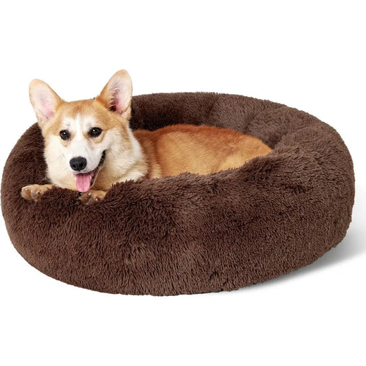 Calming Dog Bed for Medium Dogs - Donut Washable Medium Pet Bed 30 inches Anti-Slip Round Fluffy Plush Faux Fur Cat Bed Fits up