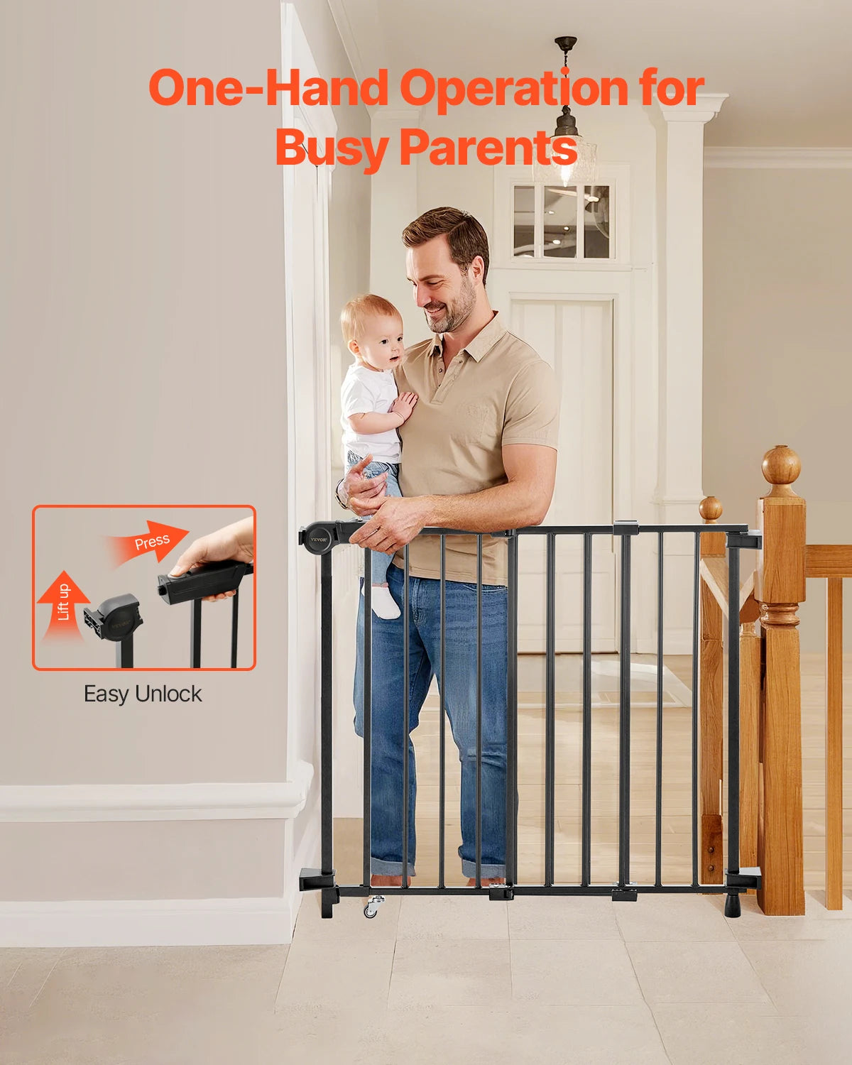Baby Gate 29.5-43 Inches Adjustable Width 28 Inches High Dog Gate No Threshold Bar Easy Step Walk for Child Pet Security