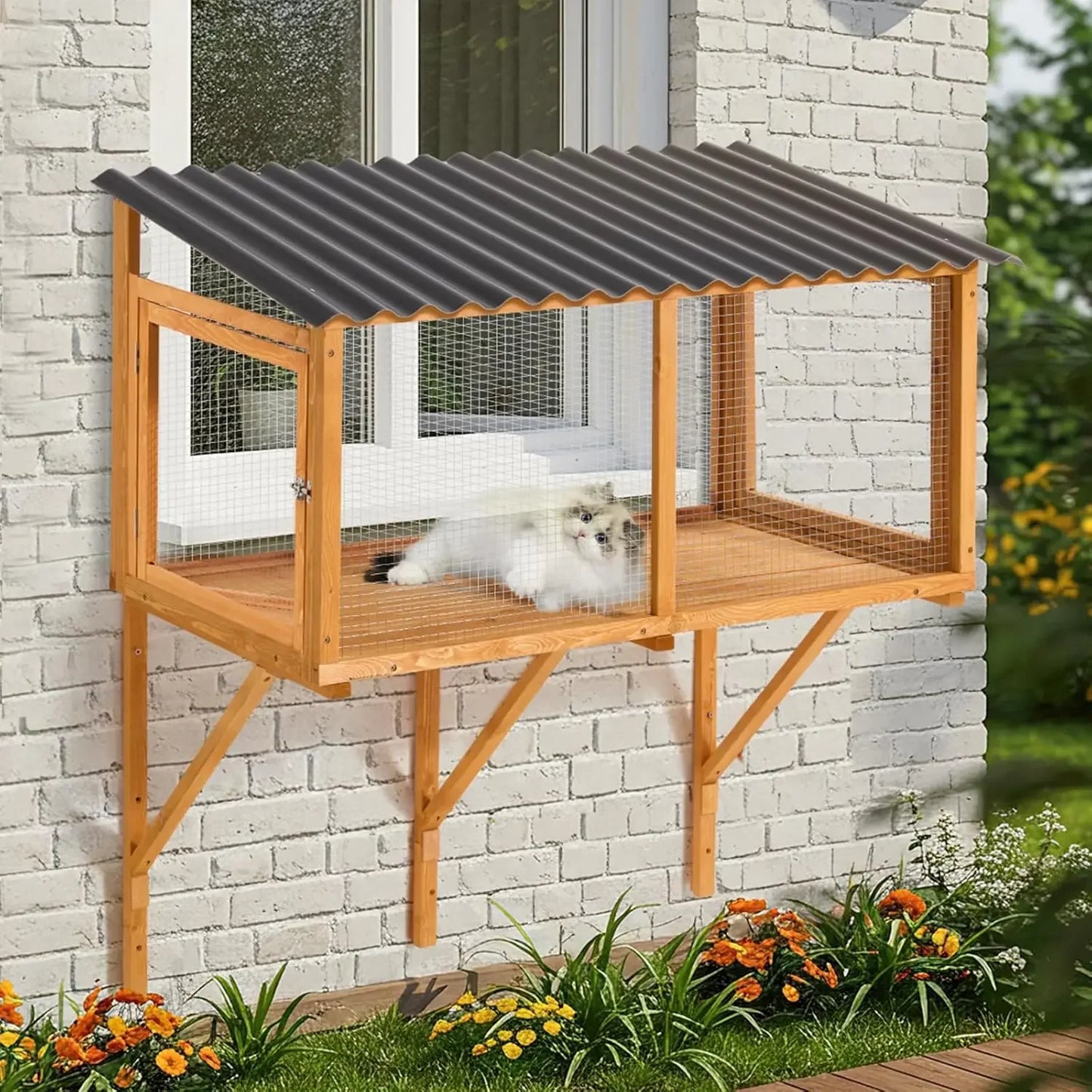 Cat Catio, Wall-Mounted Window Enclosure for Indoor Cats, Expandable Wooden Small Pet Perch House, Secure and Cozy Outdo