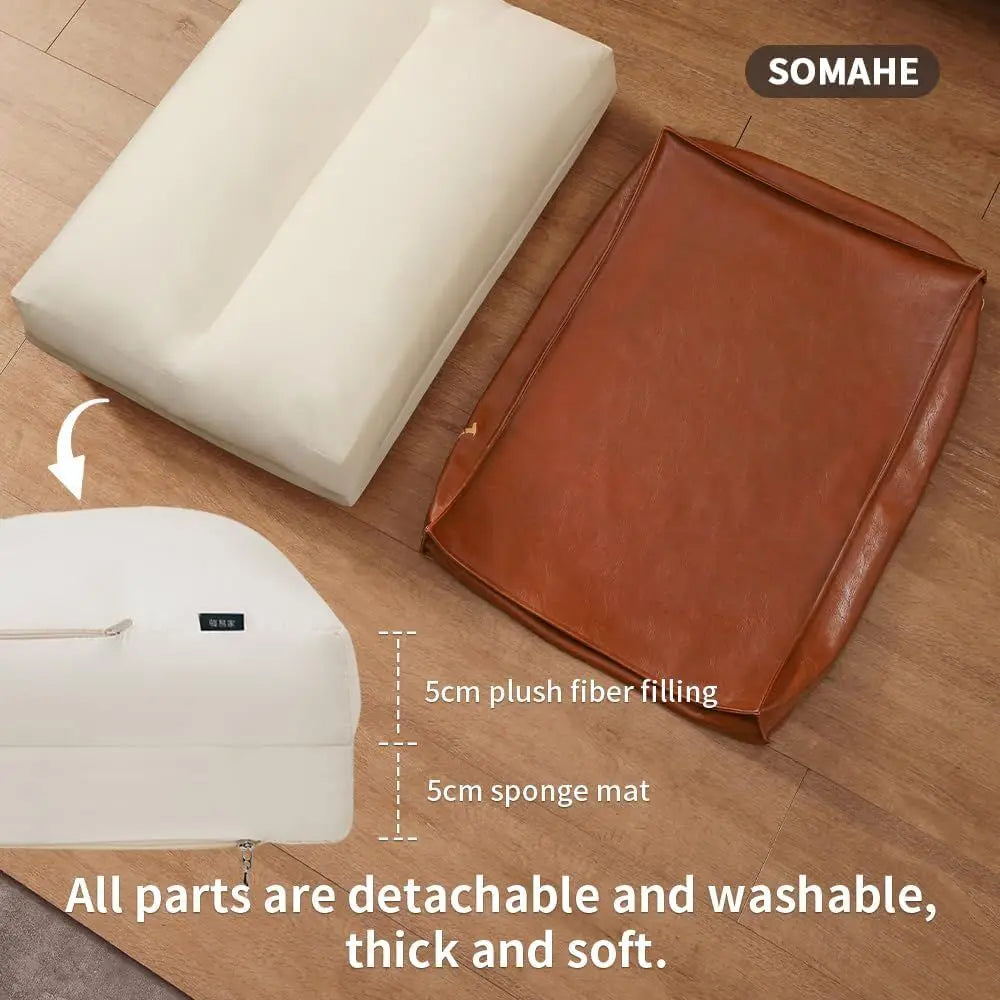 Orthopedic Dog Bed for Medium & Small Dogs - Removable, Washable PU Leather Cover, Waterproof, Brown, 27.5x19.6x4