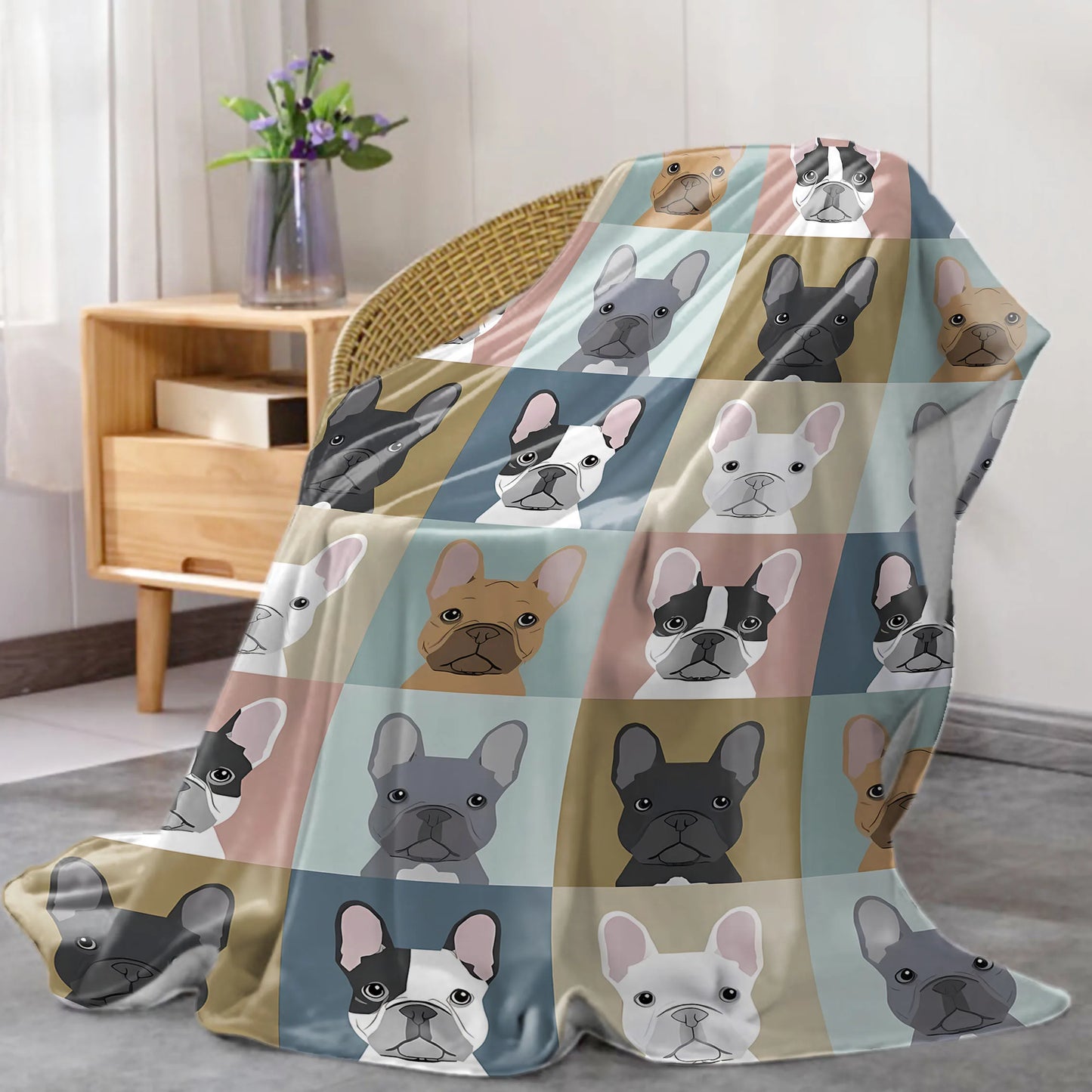 French Bulldog Puzzle Pattern Flannel Throw Blanket - Soft Mid-Century Style Digital Print Knitted Polyester, All-Season Cozy