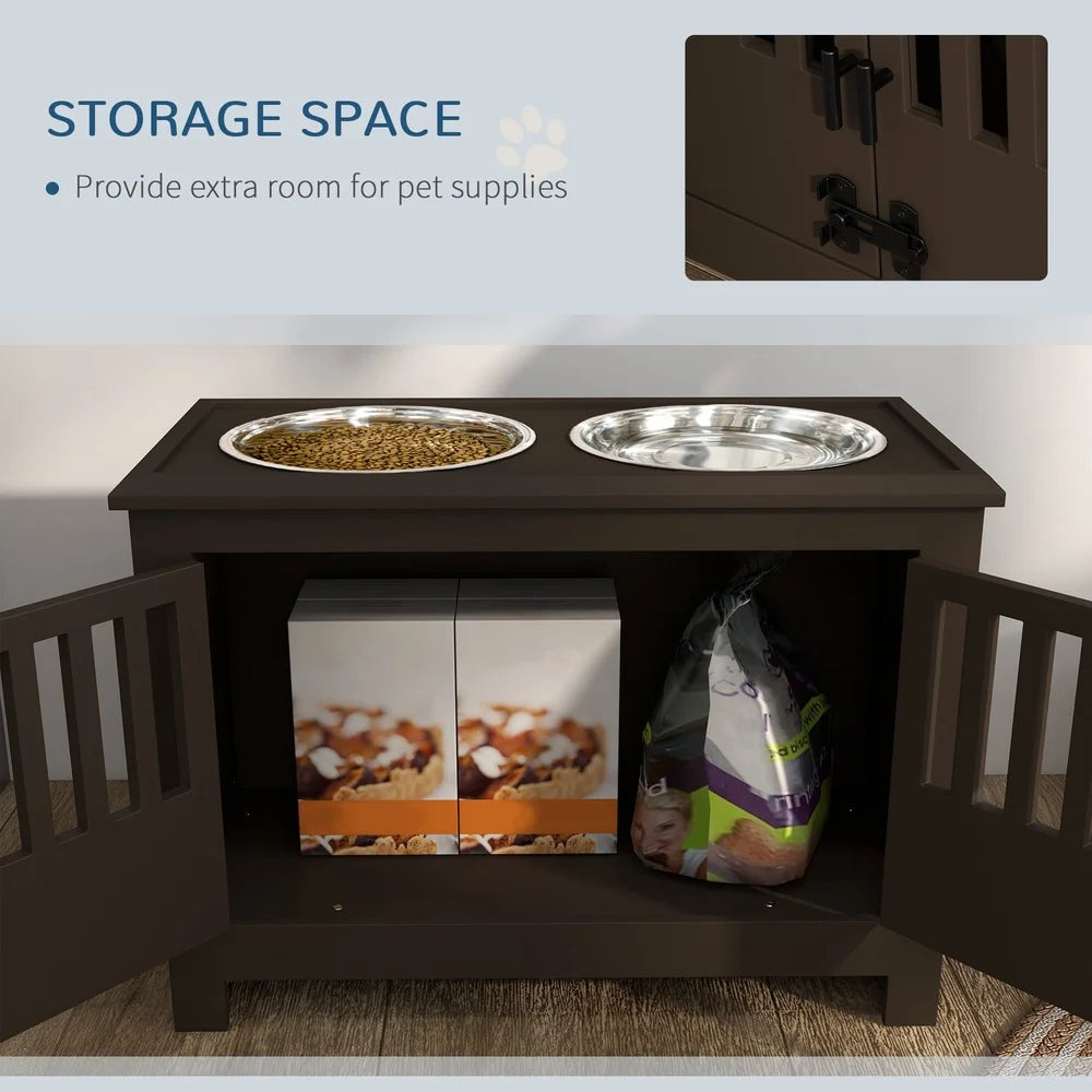 Dog Food Storage Cabinet with Elevated Feeding Station and Removable Stainless Steel Bowls Large Dogs Espresso