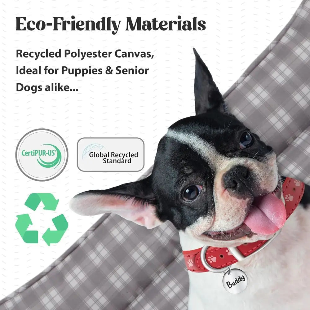 Medium Grey Plaid Orthopedic Bolster Dog Bed with CertiPUR-US Foam, Recycled Fabric, Washable Cover, and Anti-Slip Base