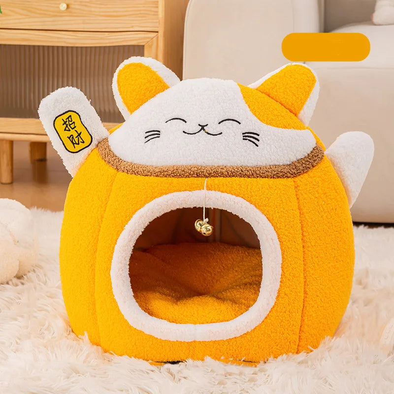 Lucky Fortune Cat Pet Bed - Winter Warm Semi-Open Fleece Round Bed for Cats & Dogs | Cozy Lucky Pet House, Soft Cushioned Kennel