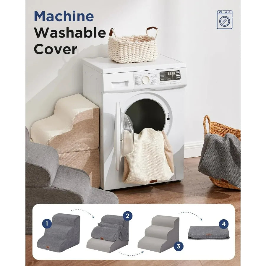 Beige Curved Dog Stairs Ramp for High Beds 28.7 H 5Step Dog Steps for Small Dogs and Cats Pet Stairs for High Bed Climbing NonS