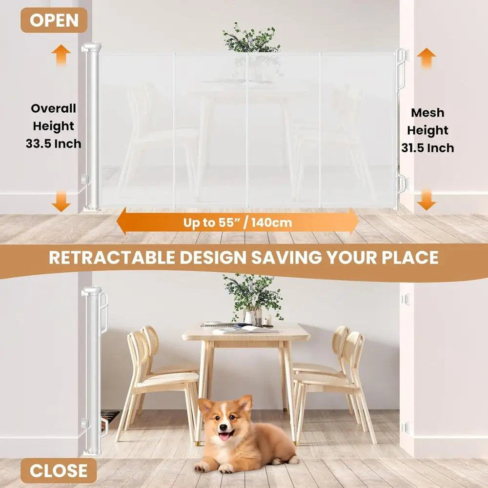 Reinforced Retractable Baby Gate or Mesh Dog Gate,Easy to Use for Stairs, Doorways, Hallways, Indoor, Outdoor, Wide Pet Gate 33.