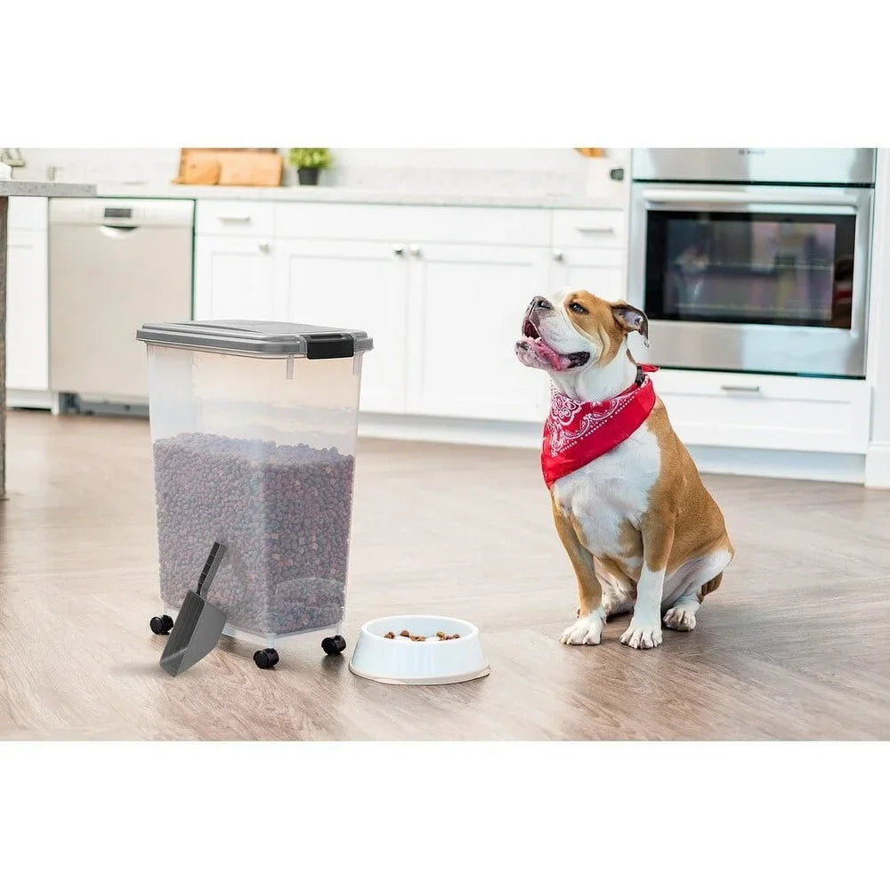 Airtight Pet Food Container 37.5L with Scoop Durable Storage Bin Dog Cat Easy Access Clear Body Wheeled Design