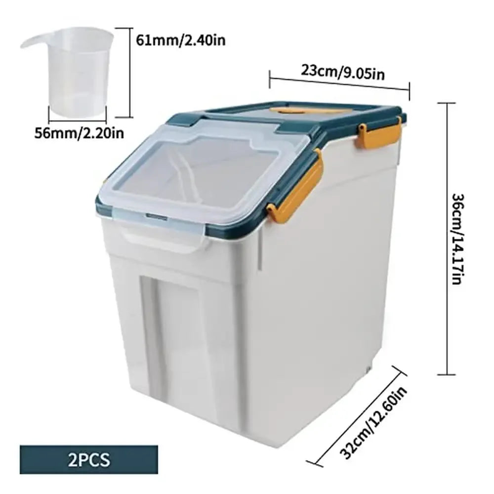 Grain Storage Container 25 lbs Airtight Rice Bin with Wheels Seal Locking Lid BPA Free Pet Food Storage with Measuring Cup Scoop