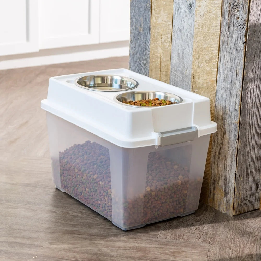 Airtight Pet Food Container 47L Dog Cat Food Storage Bin Treat Box with Bowls Durable Clear Body Easy Access Secure Lid