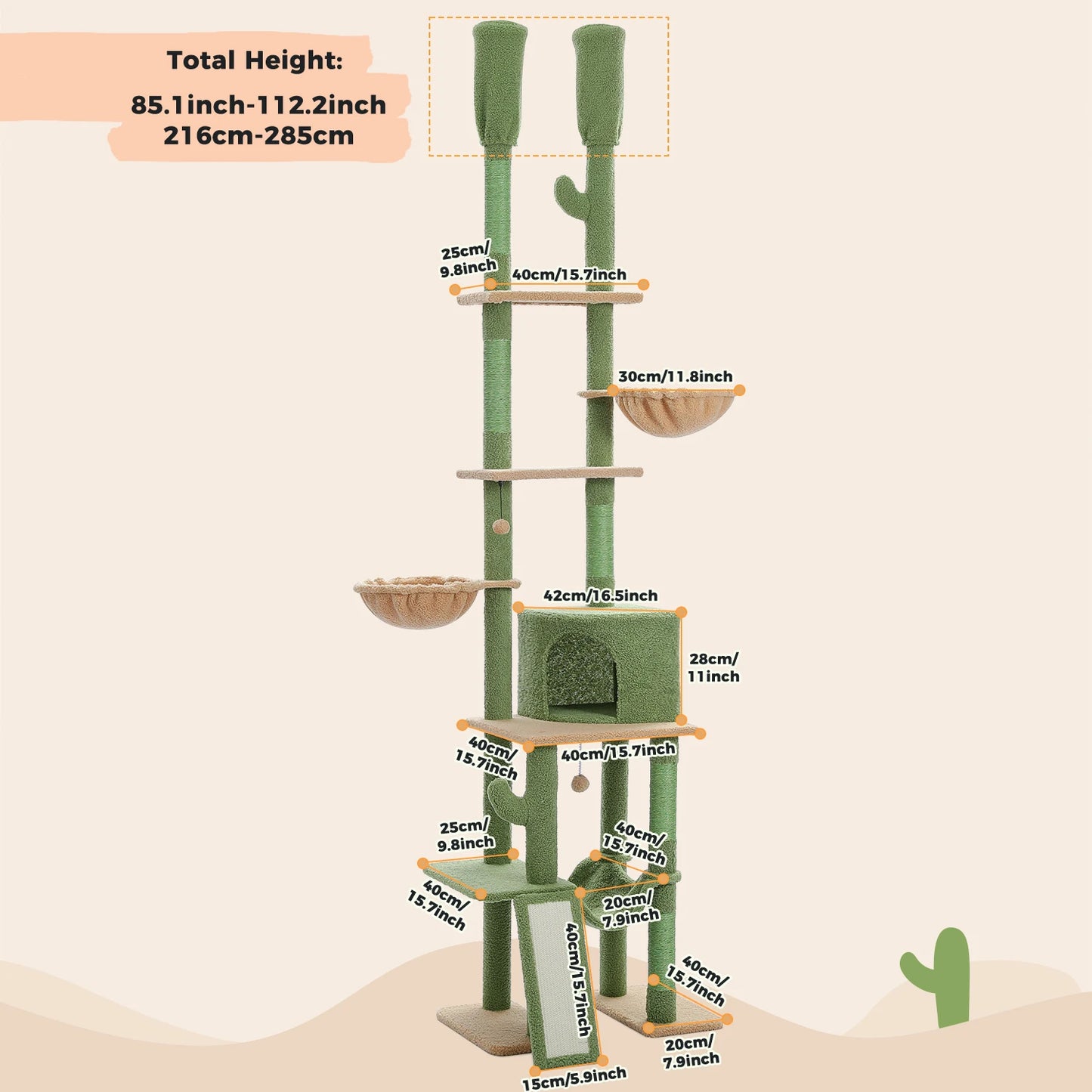 Cactus Cat Tree Floor to Ceiling Cat Tower with Sisal Scratching Post,Comfortable Hammock for Multi-Cat Homes,Cat Accessories