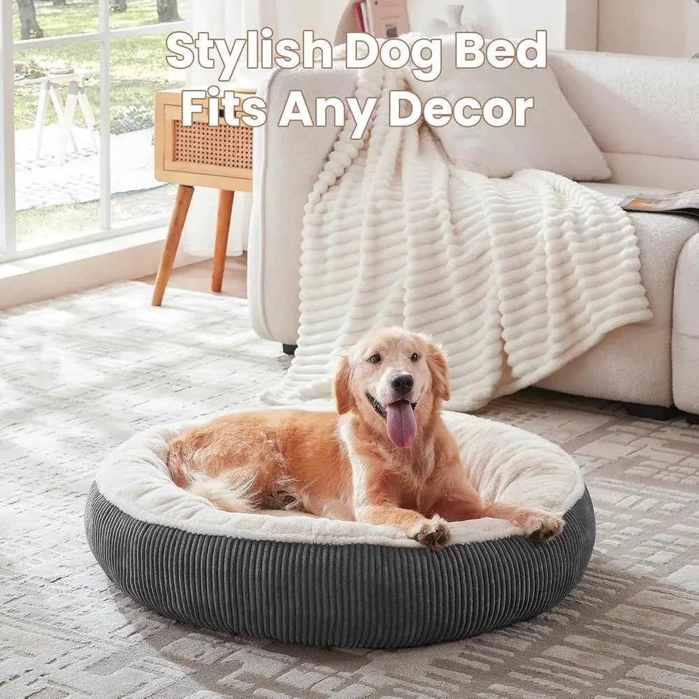 36 inches Donut Dog Bed for Large Dogs - Calming Round Pet Bed with Removable&Washable Cover, Plush Faux Fur & Corduroy, Fits Pe