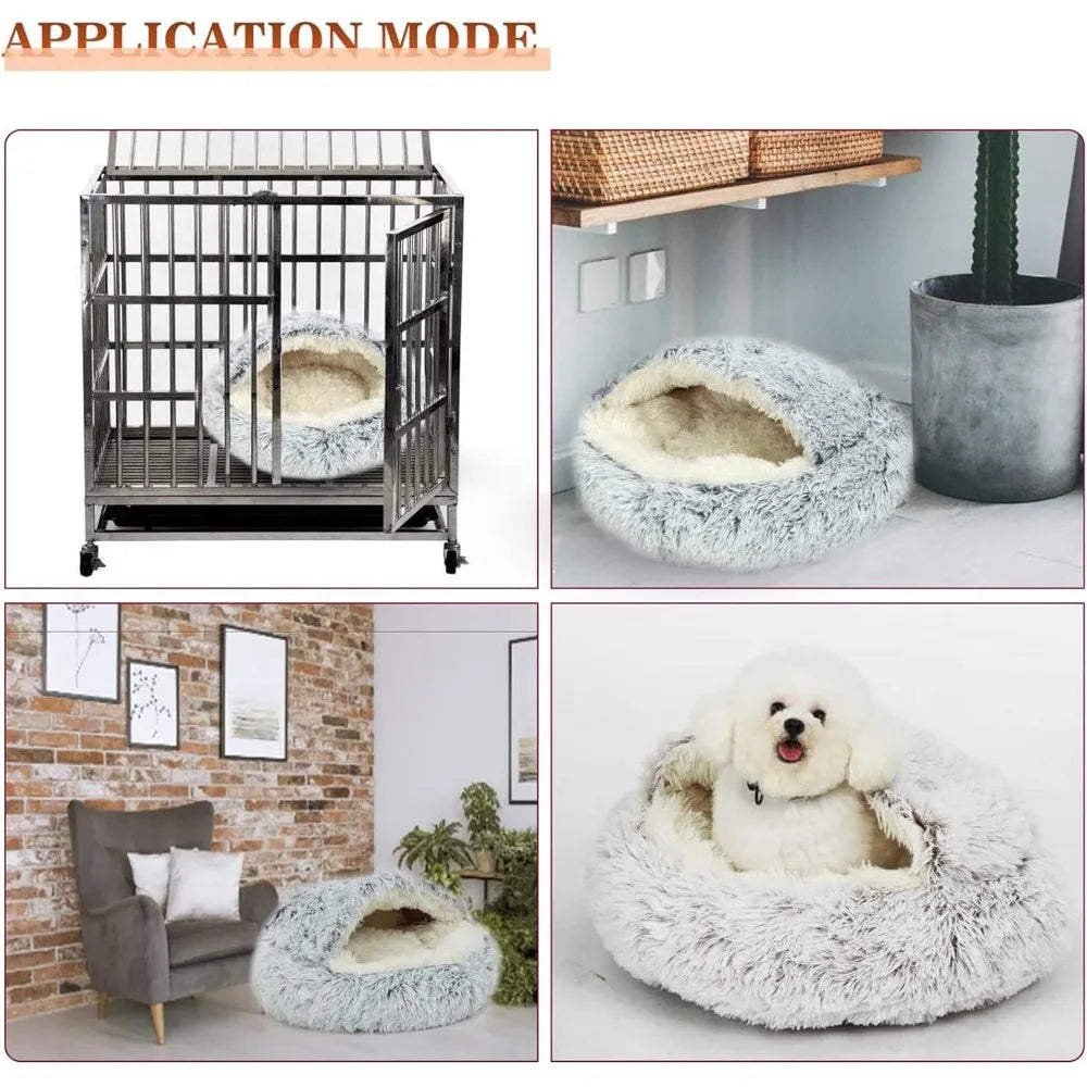 Faux Fur Donut-Shaped Hooded Warm Cat Bed with Plush Comfort for Cozy Resting