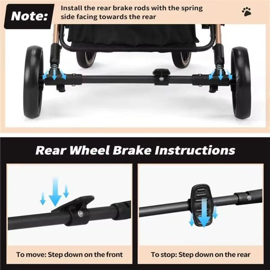 Dog Stroller for Pets One Hand Fold Puppy Stroller with 6 Shock Absorbers Removable Cabin Storage Basket 4 Wheels Dual Brakes R