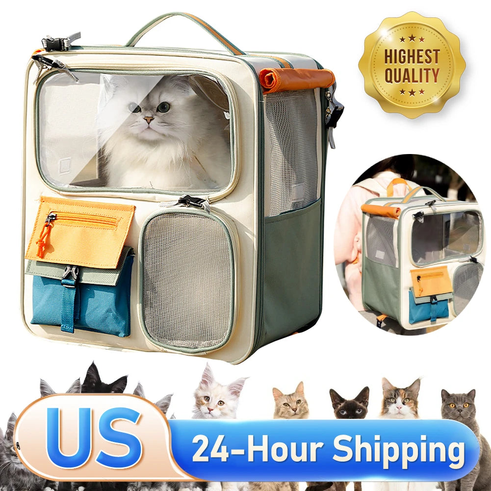 Dog & Cat Travel Carrier Bag Large Capacity Ventilated Mesh Pet Backpack Transparent Window Pet Backpack for Car Camping