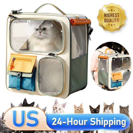 Dog & Cat Travel Carrier Bag Large Capacity Ventilated Mesh Pet Backpack Transparent Window Pet Backpack for Car Camping
