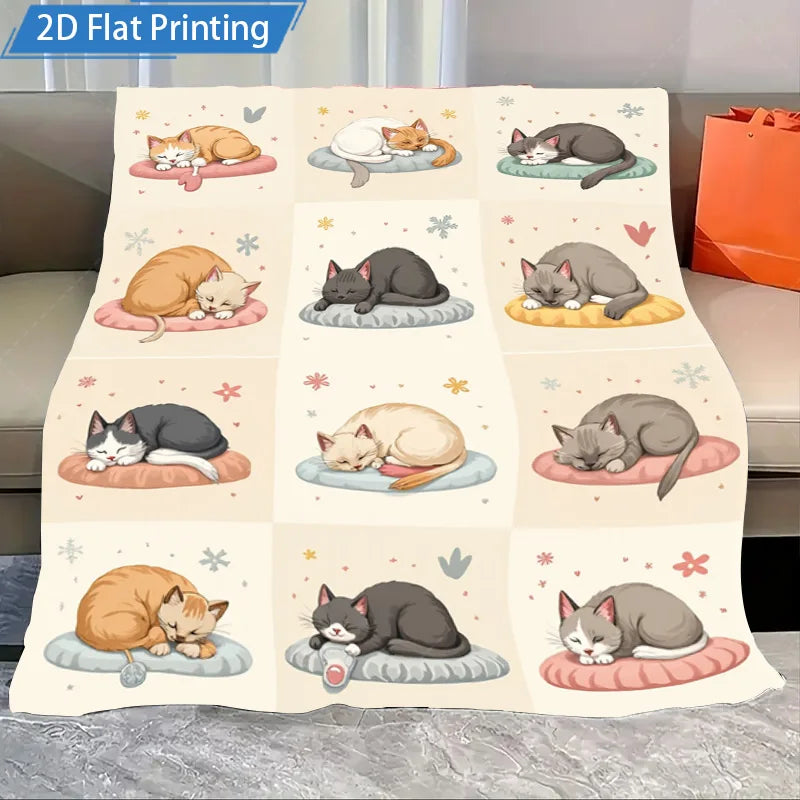 1pc Flannel Blanket Cute Sleeping Cats Blanket Autumn Leaves Pattern Soft Cozy Throw for Couch Bed Home Decor