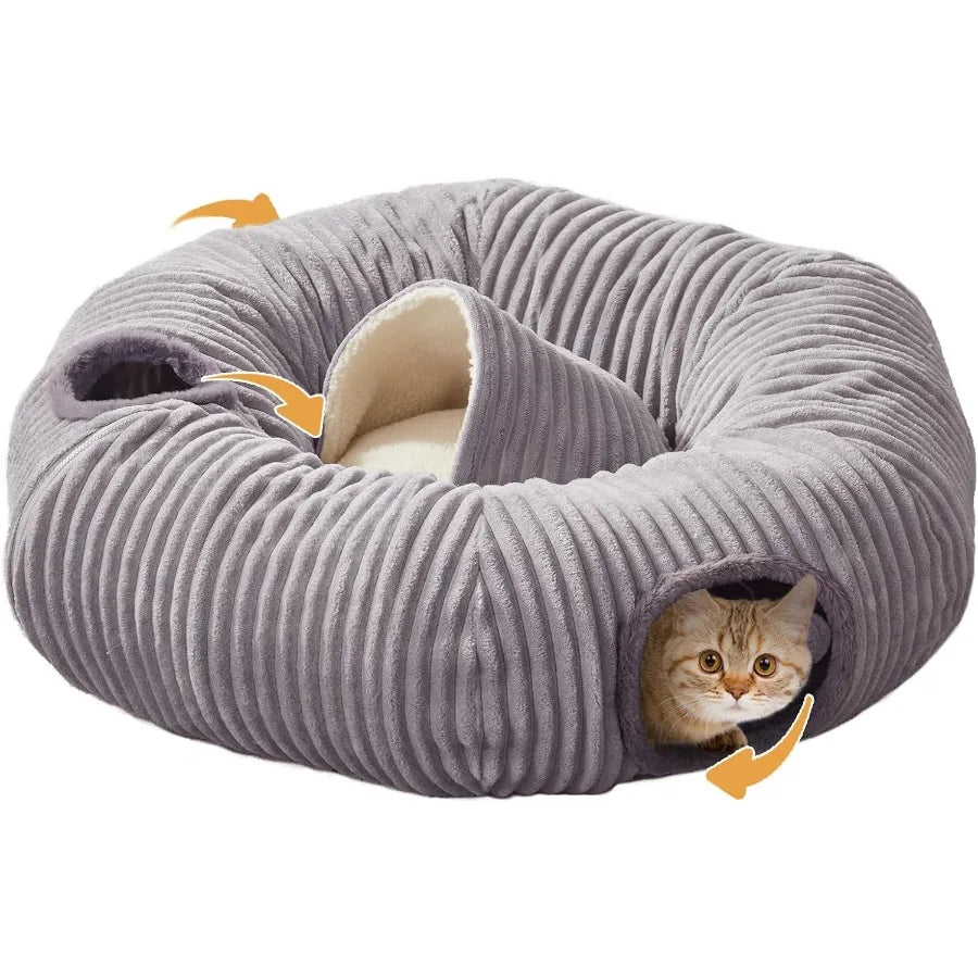 Multifunctional Cat Tunnel Bed with Washable Donut Cushion for Indoor Cats and Small Pets Blackout Tent Hideaway Plaything for