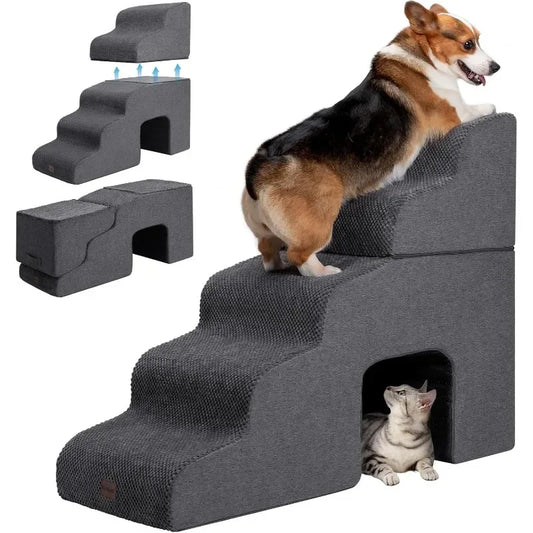 Dog Stairs for High Beds with Tunnel, 5-Step Dog Steps for Small Dogs and Cats, Foldable Pet Stairs for High Bed Climbing NEW