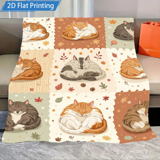1pc Flannel Blanket Cute Sleeping Cats Blanket Autumn Leaves Pattern Soft Cozy Throw for Couch Bed Home Decor