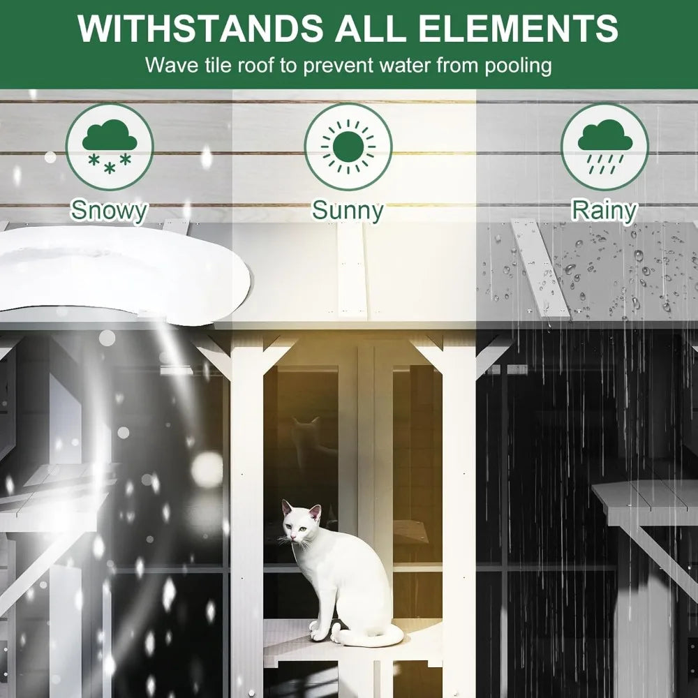 Expandable Window Cat Enclosure for Multiple Indoor Cats, Weather-Resistant Wooden Perch House for Small Pets