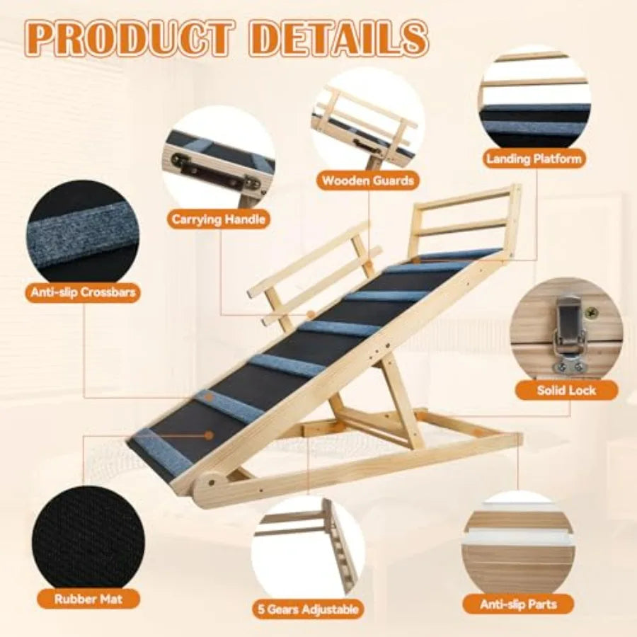 Wooden Dog Ramp for Bed 5 Level Adjustable Ramp for Dog Doulbe AntiSlip Pet Ramp with Rails