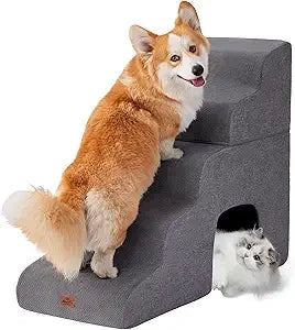 Gray Curved Dog Stairs Ramp for High Beds 28.7" H, 5-Step Dog Steps for Small Dogs and Cats, Pet Stairs for High Bed Climbing, N