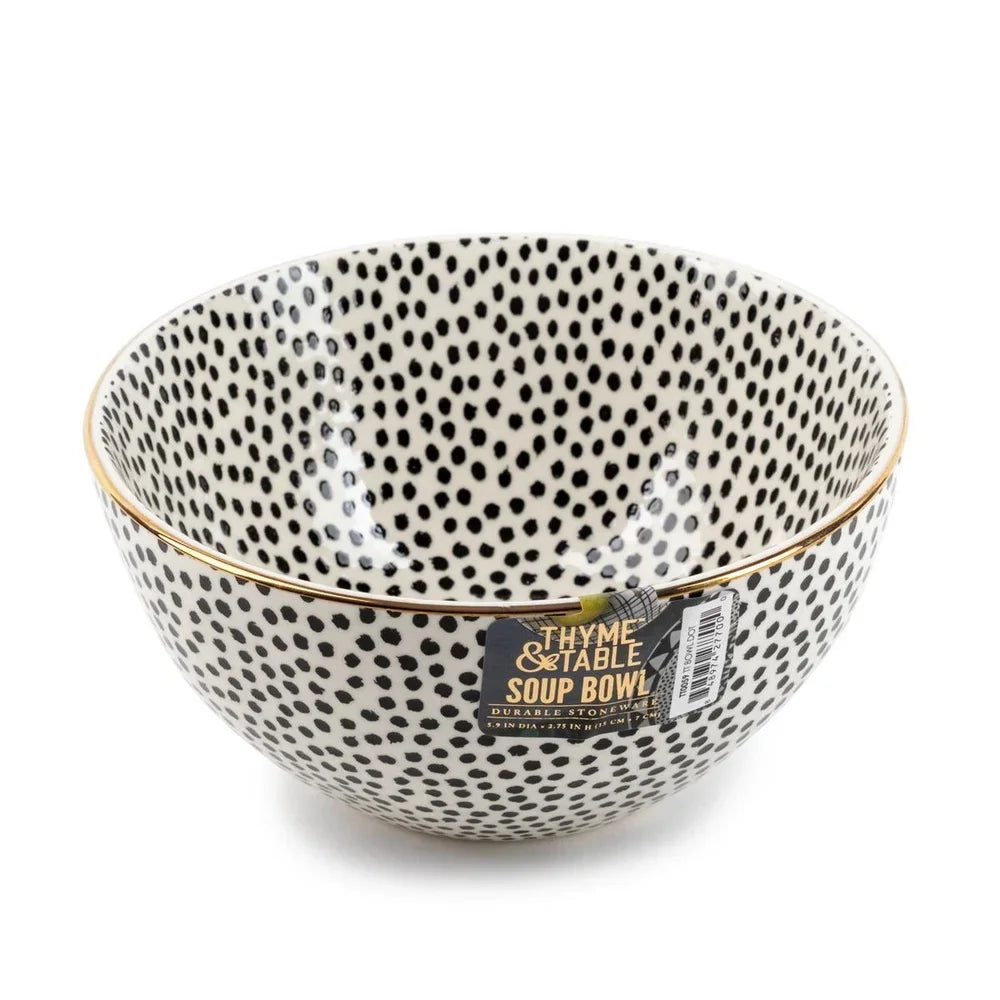Durable Stoneware Pet Bowl – Black & White Dot Design – Ceramic Cat & Dog Feeding Dish – Microwave & Dishwasher Safe